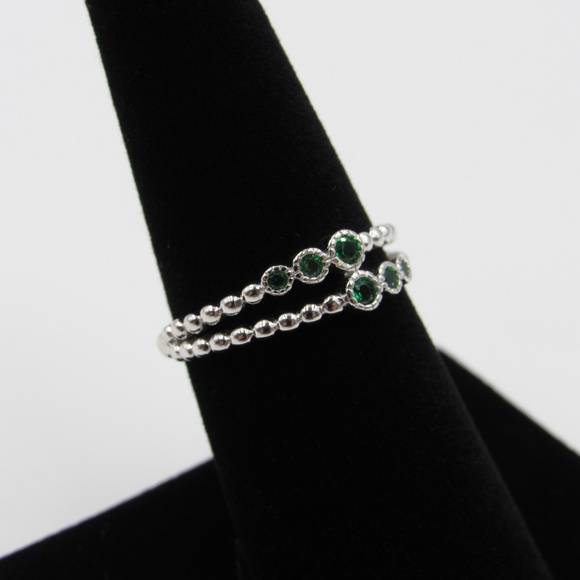 Sterling Silver Beaded Band Green CZ Diamond Ring - Picture 3 of 5